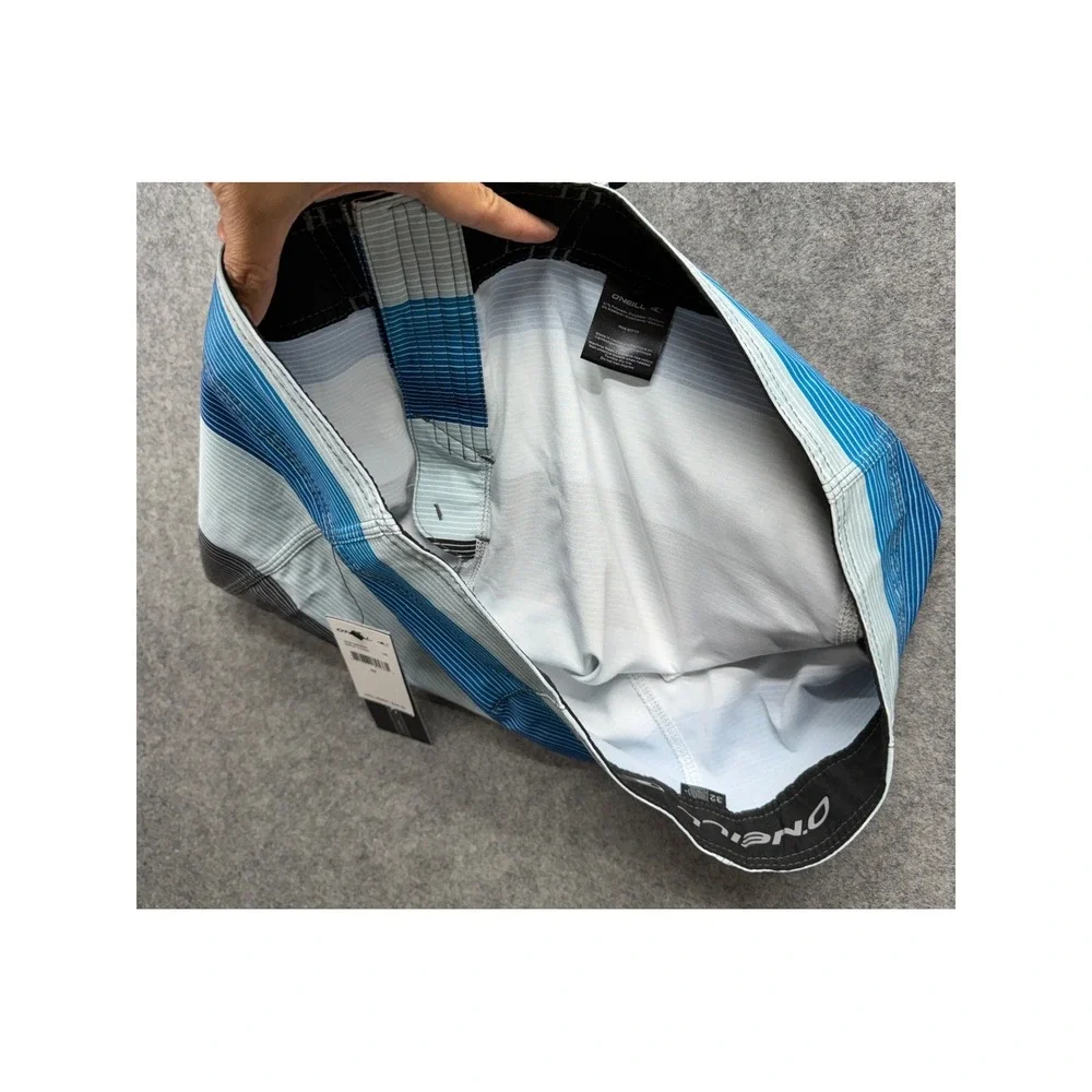 ONeill Hyperfreak Mens Board Shorts Blue Grey Striped Swim Trunks Size 32